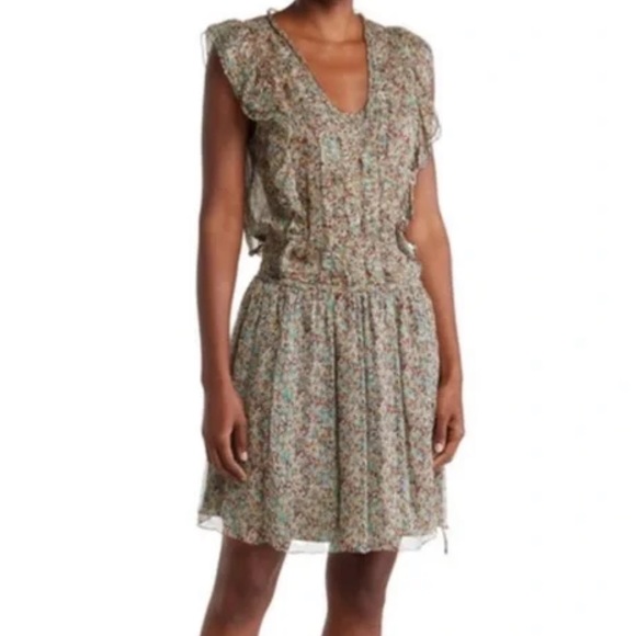 Zadig & Voltaire Rimana Ruffle Cap Sleeve Silk Dress Green Blue Maroon Size XS - Picture 6 of 11